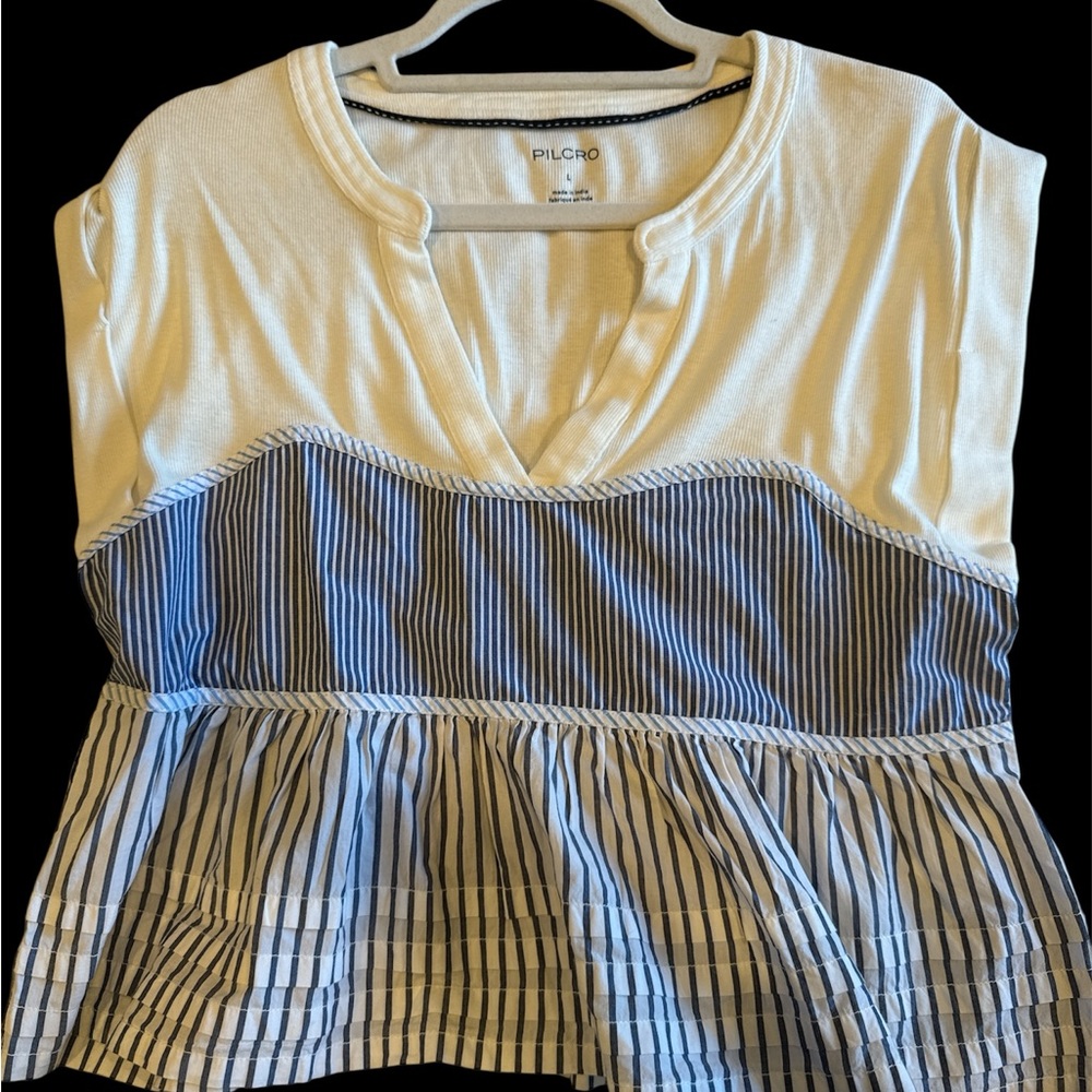 Pilcro Women's White and Blue Striped Blouse